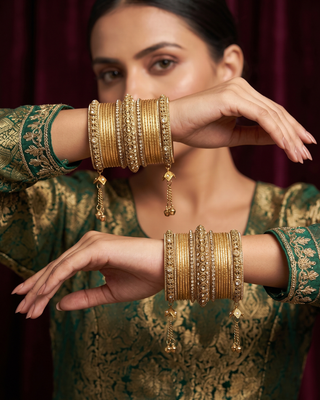 The Maharani Golden Bangle Set with Stone Detailing for Both Hands (Size 2.6)