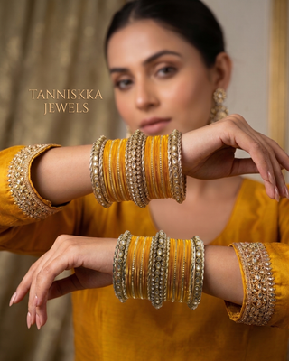 The Maharani Yellow Bangle Set with Stone Detailing for Both Hands (Size 2.8)