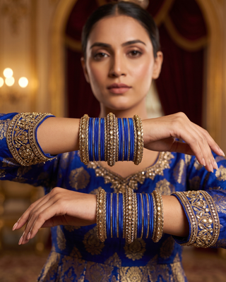 The Maharani Royal Blue Bangle Set with Stone Detailing for Both Hands (Size 2.4)