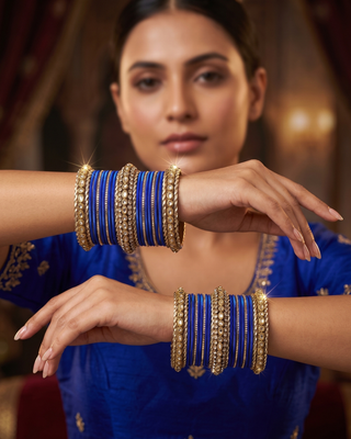 The Maharani Royal Blue Bangle Set with Stone Detailing for Both Hands (Size 2.4)