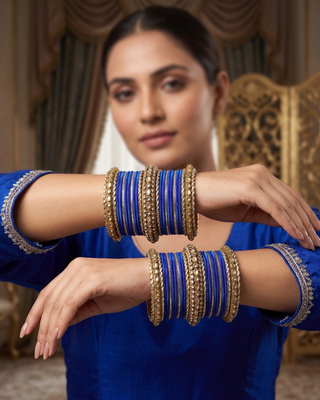 The Maharani Royal Blue Bangle Set with Stone Detailing for Both Hands (Size 2.4)