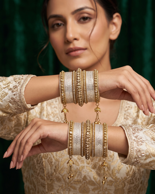 The Maharani Jasmine White Bangle Set with Stone Detailing for Both Hands (Size 2.6)