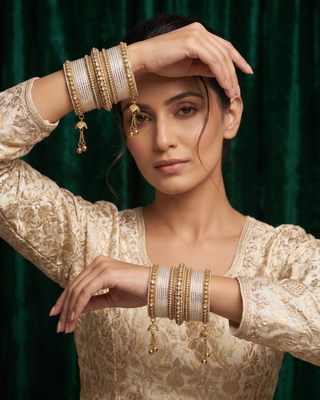 The Maharani Jasmine White Bangle Set with Stone Detailing for Both Hands (Size 2.6)