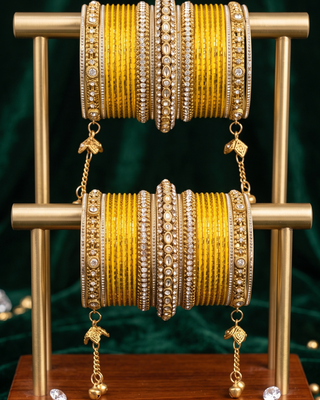 The Maharani Yellow Bangle Set with Stone Detailing for Both Hands (Size 2.6)