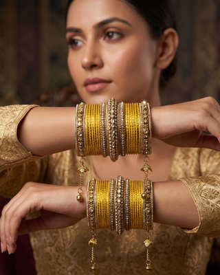 The Maharani Yellow Bangle Set with Stone Detailing for Both Hands (Size 2.6)