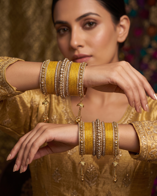 The Maharani Yellow Bangle Set with Stone Detailing for Both Hands (Size 2.6)