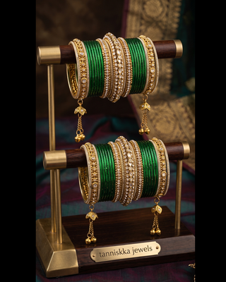 The Maharani Emerald Bangle Set with Stone Detailing for Both Hands (Size 2.6)