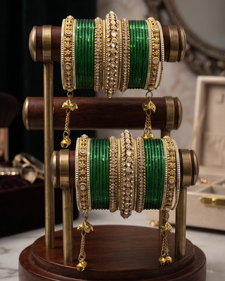 The Maharani Emerald Bangle Set with Stone Detailing for Both Hands (Size 2.6)