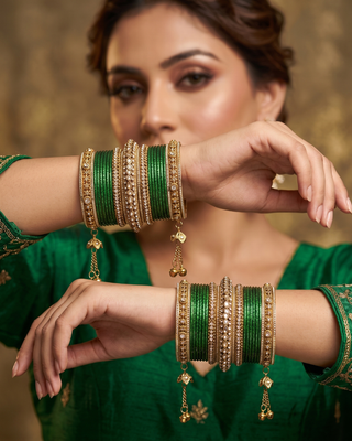 The Maharani Emerald Bangle Set with Stone Detailing for Both Hands (Size 2.6)