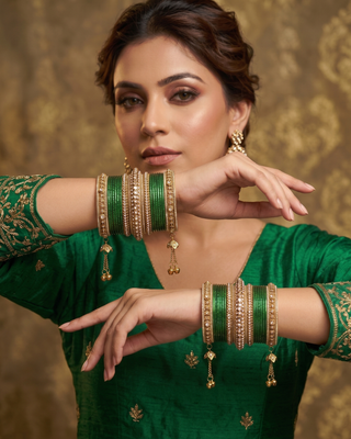 The Maharani Emerald Bangle Set with Stone Detailing for Both Hands (Size 2.6)