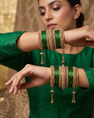 The Maharani Emerald Bangle Set with Stone Detailing for Both Hands (Size 2.6)
