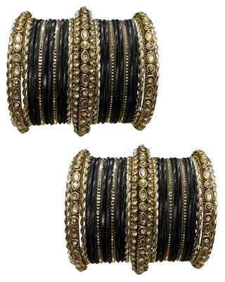The Maharani Midnight Black Bangle Set with Stone Detailing for Both Hands (Size 2.4)