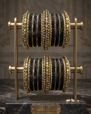The Maharani Midnight Black Bangle Set with Stone Detailing for Both Hands (Size 2.4)