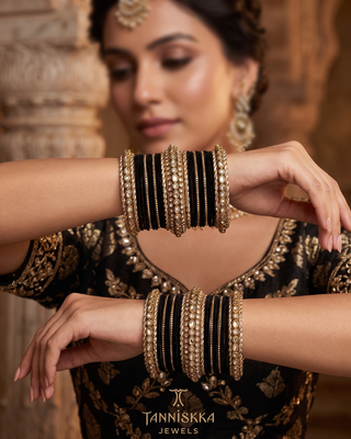 The Maharani Midnight Black Bangle Set with Stone Detailing for Both Hands (Size 2.4)