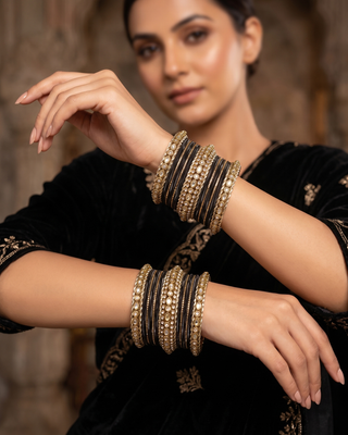 The Maharani Midnight Black Bangle Set with Stone Detailing for Both Hands (Size 2.4)
