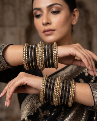 The Maharani Midnight Black Bangle Set with Stone Detailing for Both Hands (Size 2.4)