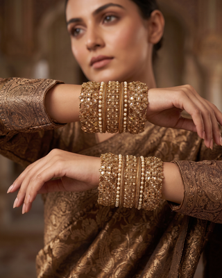 The Padmavati Antique Gold Kangan Stack | Statement Bangles for Both Hands (Size 2.6)