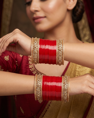 Red Bridal Choora / Bangles Set + FREE Red Sequential Bangle Box (2.6-2.8)