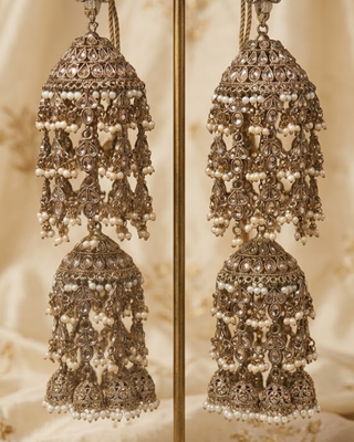 2-Tier Antique Gold Traditional Polki & Pearl Drop Bridal Kaleerein | Tanniskka Bridal