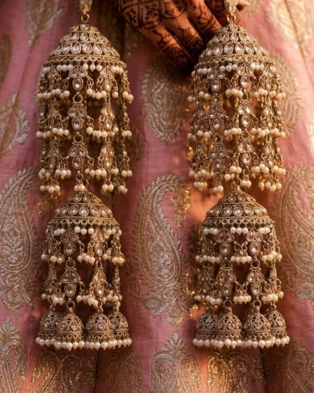 2-Tier Antique Gold Traditional Polki & Pearl Drop Bridal Kaleerein | Tanniskka Bridal