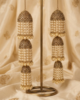 Luxury Golden Jhumka Bridal Kalire with Pearl Cascades | Tanniskka Bridal
