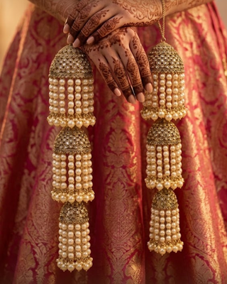Luxury Golden Jhumka Bridal Kalire with Pearl Cascades | Tanniskka Bridal