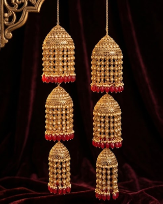 Triple-Tier Jhumka Bridal Kalire with Pearls & Ruby Drops | Tanniskka Bridal
