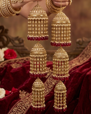Triple-Tier Jhumka Bridal Kalire with Pearls & Ruby Drops | Tanniskka Bridal