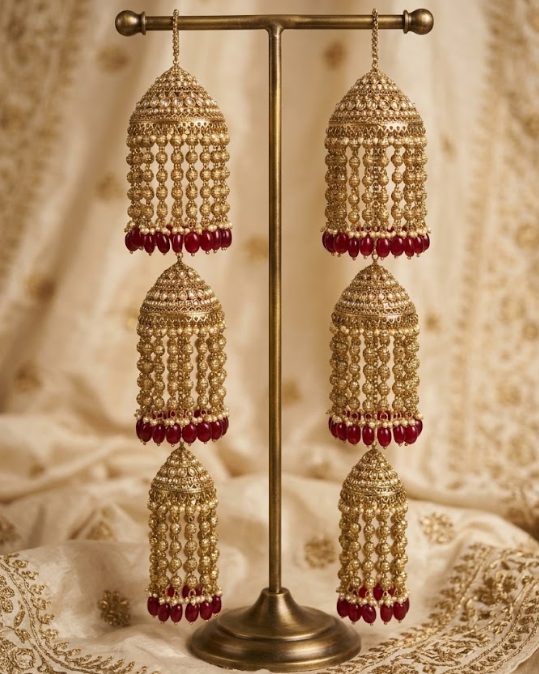Triple-Tier Jhumka Bridal Kalire with Pearls & Ruby Drops | Tanniskka Bridal