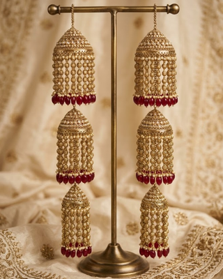 Triple-Tier Jhumka Bridal Kalire with Pearls & Ruby Drops | Tanniskka Bridal