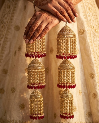 Triple-Tier Jhumka Bridal Kalire with Pearls & Ruby Drops | Tanniskka Bridal