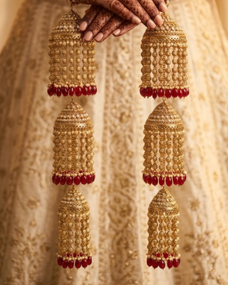 Triple-Tier Jhumka Bridal Kalire with Pearls & Ruby Drops | Tanniskka Bridal