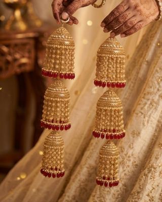 Triple-Tier Jhumka Bridal Kalire with Pearls & Ruby Drops | Tanniskka Bridal
