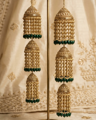 Triple-Tier Jhumka Bridal Kalire with Pearls & Emerald Drops | Tanniskka Bridal