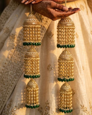 Triple-Tier Jhumka Bridal Kalire with Pearls & Emerald Drops | Tanniskka Bridal