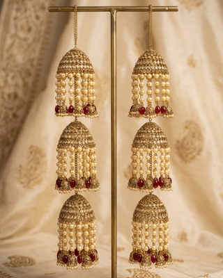 Triple-Tier Jhumka Bridal Kalire with Pearls & Red Drops | Tanniskka Bridal
