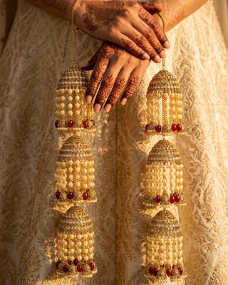 Triple-Tier Jhumka Bridal Kalire with Pearls & Red Drops | Tanniskka Bridal