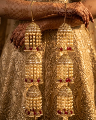 Triple-Tier Jhumka Bridal Kalire with Pearls & Red Drops | Tanniskka Bridal