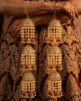 Triple-Tier Jhumka Bridal Kalire with Pearls & Red Drops | Tanniskka Bridal