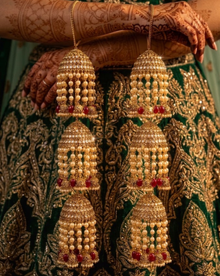 Triple-Tier Jhumka Bridal Kalire with Pearls & Red Drops | Tanniskka Bridal