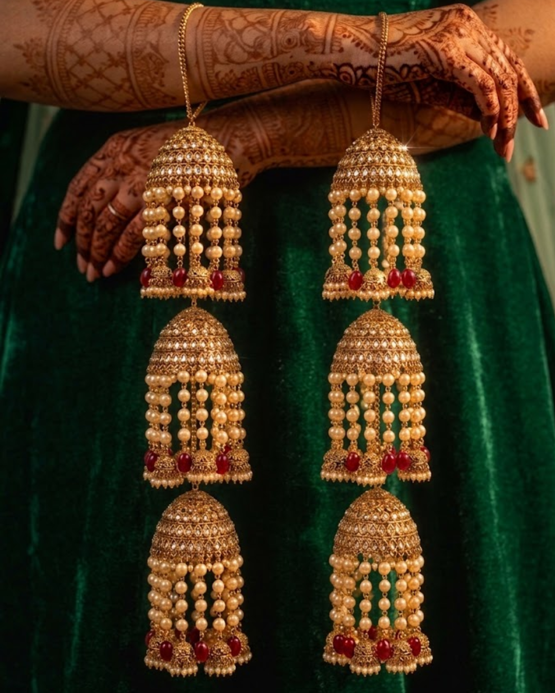 Triple-Tier Jhumka Bridal Kalire with Pearls & Red Drops | Tanniskka Bridal
