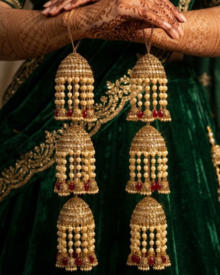 Triple-Tier Jhumka Bridal Kalire with Pearls & Red Drops | Tanniskka Bridal