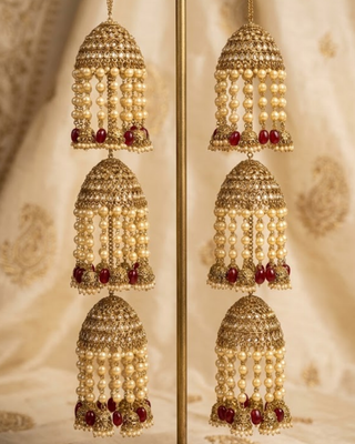 Triple-Tier Jhumka Bridal Kalire with Pearls & Red Drops | Tanniskka Bridal