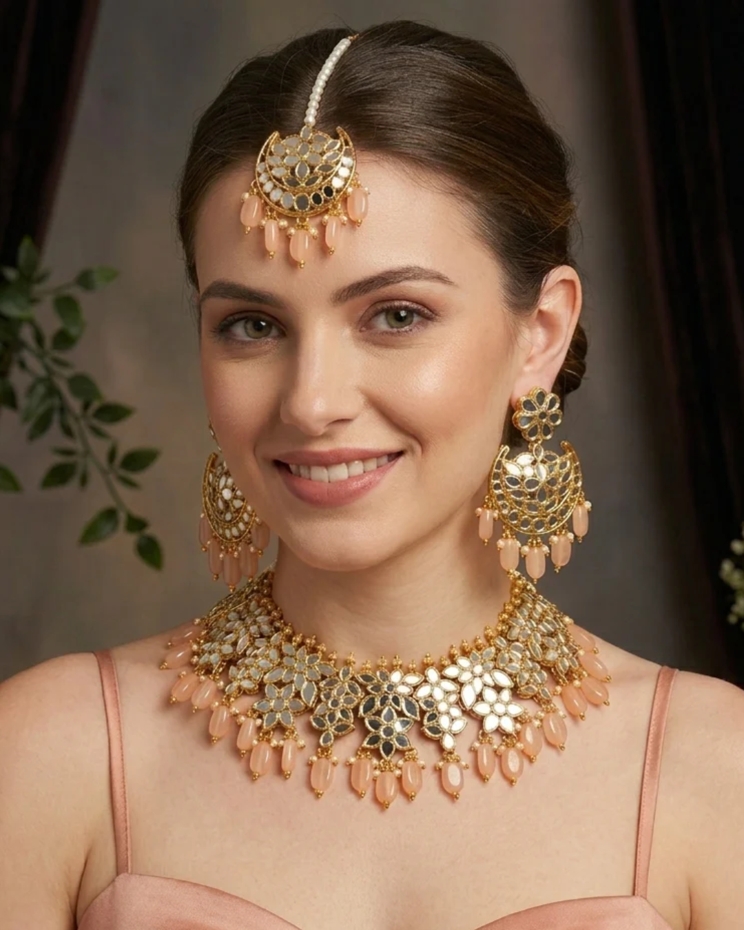 RAHA Traditional Glass Necklace Set - Peach