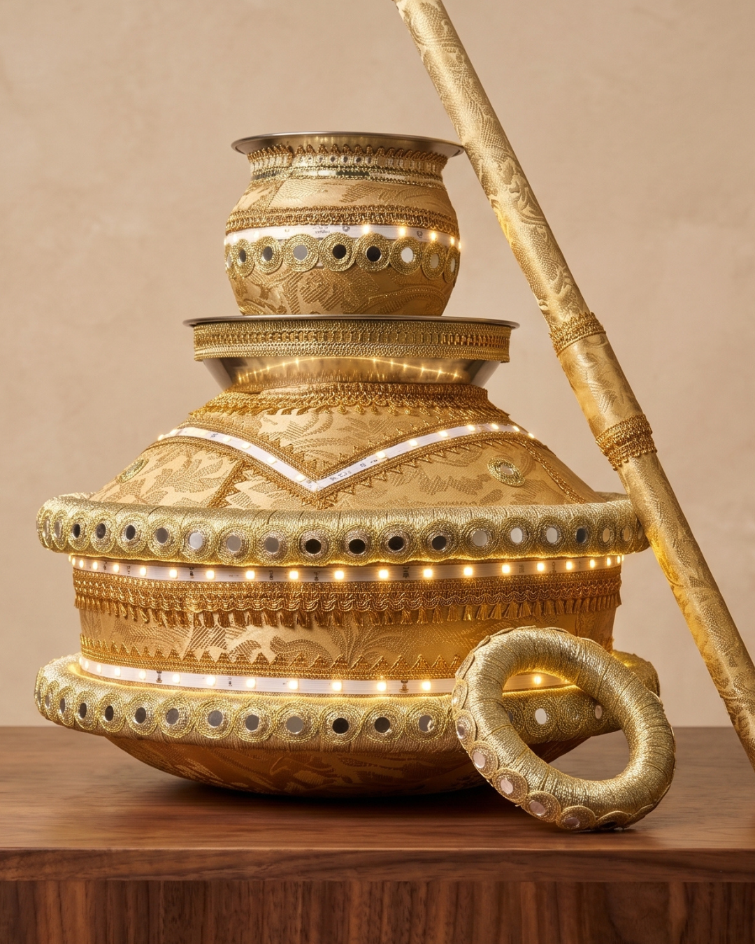 Premium LED Light-Up Punjabi Jaggo Bowl Set - Includes Matching Stick & Binu Ring for Wedding Celebrations