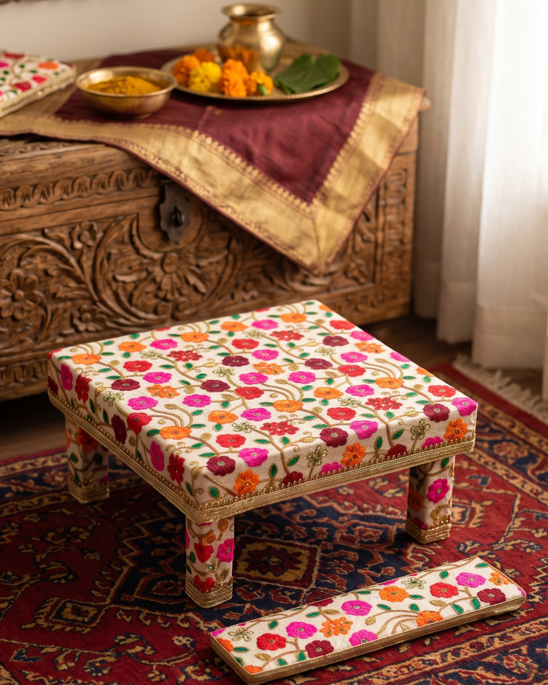 Handcrafted Embroidered Punjabi Mayian Set - Matching Stool (Peera) & Foot Board (Fatti) for Wedding Ceremonies