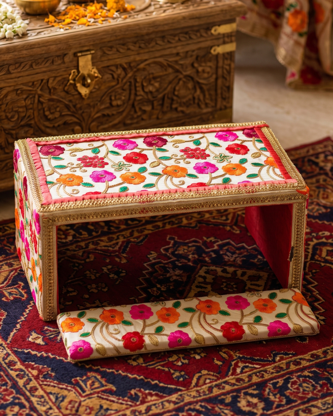 Handcrafted Embroidered Punjabi Mayian Set - Matching Stool (Peera) & Foot Board (Fatti) for Wedding Ceremonies