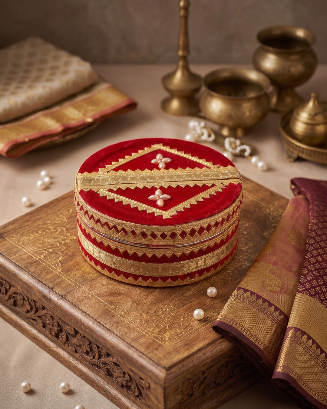 Royal Red Velvet Wedding Mithai Tin - Handcrafted Decorative Storage Box for Ceremonies & Gifting