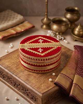 Royal Red Velvet Wedding Mithai Tin - Handcrafted Decorative Storage Box for Ceremonies & Gifting