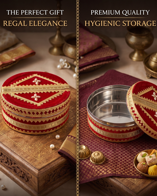 Royal Red Velvet Wedding Mithai Tin - Handcrafted Decorative Storage Box for Ceremonies & Gifting
